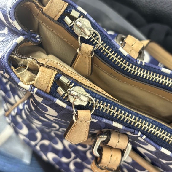 Coach Shoulder Bag Blue White C Logo Beige Leather Handles Trim 3-Compartment - Picture 12 of 16